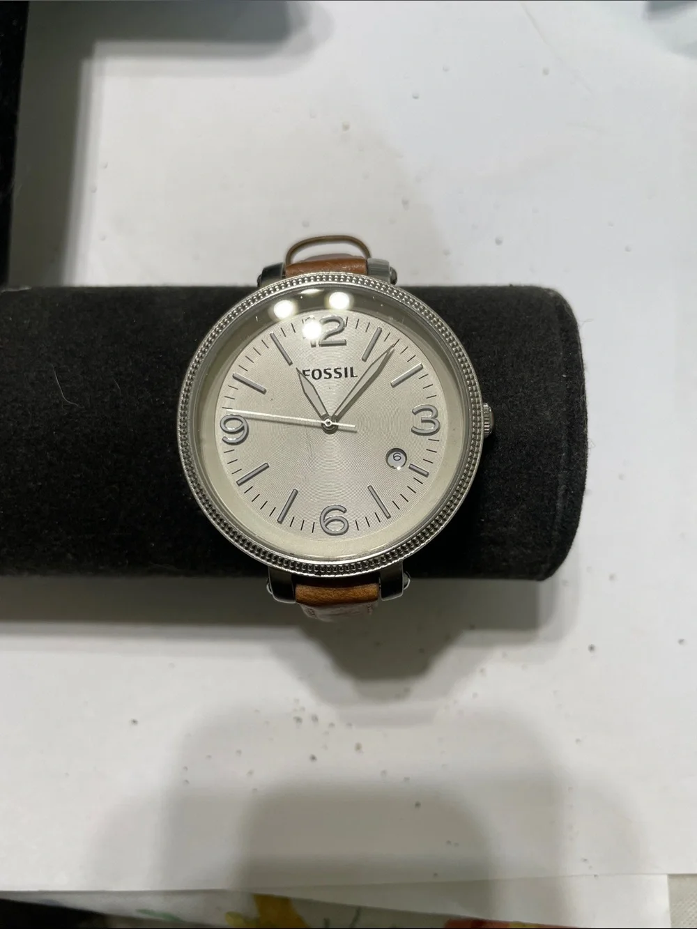 Fossil Silver Dial Watch with Brown Leather Strap.  Needs Battery.